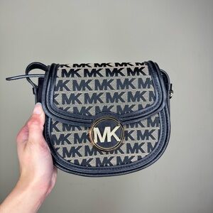 Michael Kors Black and Beige MK Monogram Crossbody Bag